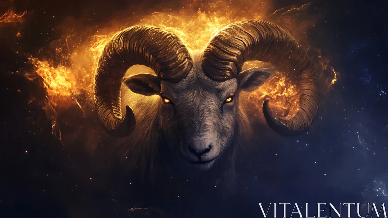 Fiery ram portrait emerges from cosmic nebula in high contrast