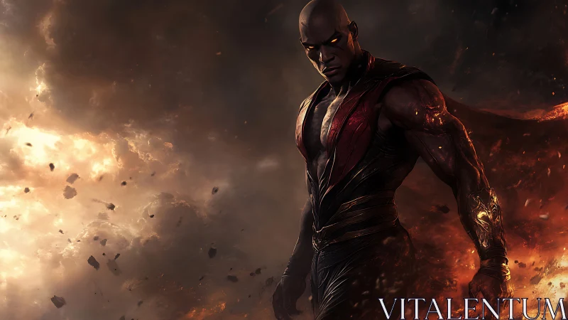 Infernal warrior strides through burning storm of embers.