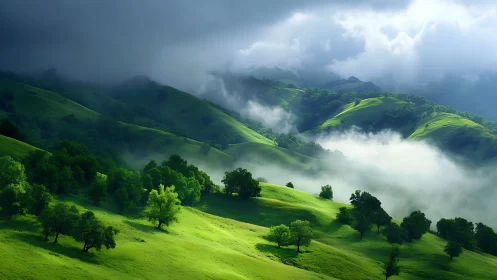 Emerald hills cradle wandering mist under stormlit skies.
