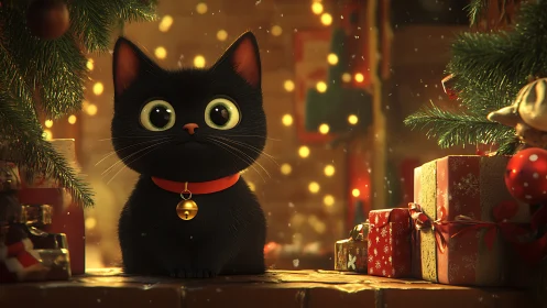 Black kitten with bell amid illuminated Christmas scene.