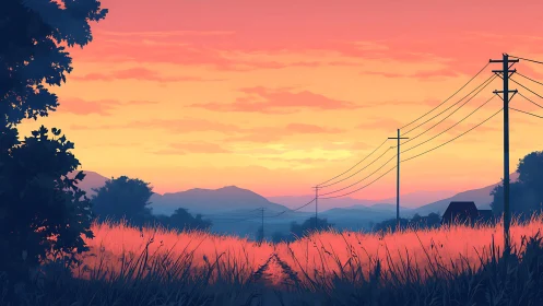 Sunset power lines across rural gradient sky landscape.