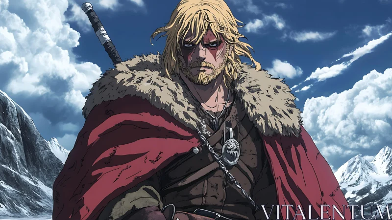 Viking warrior scans frozen peaks under hard winter sky.