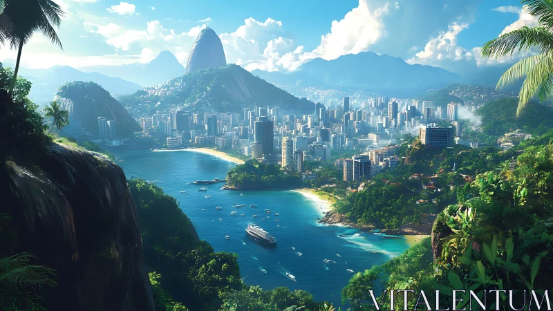 Rio de Janeiro Coastal Vista. Dramatic Peak, Urban Sprawl, Tropical Paradise.