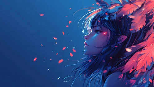 Midnight feather muse drifting through neon petals.