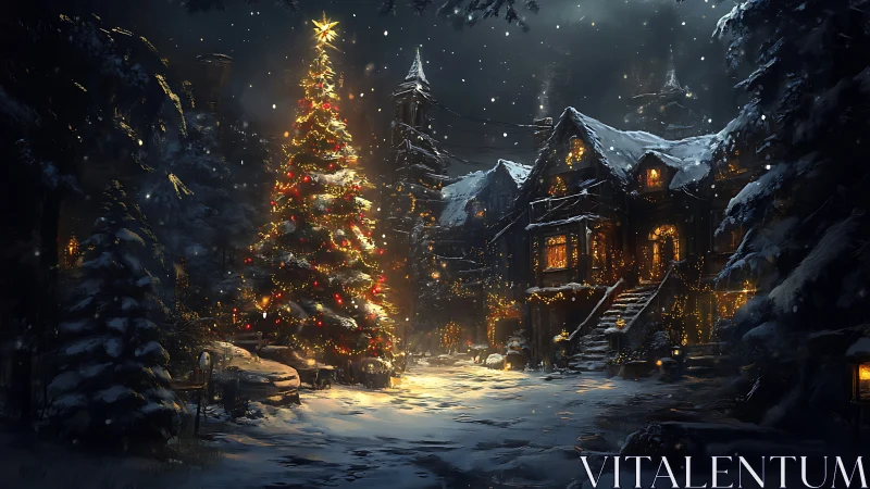Snow covered village house with illuminated Christmas tree