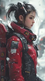Young sci fi explorer in red armor braving a snowy world.