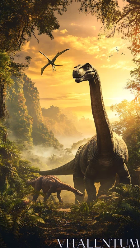 Sunlit sauropods roaming a misty primeval jungle trail.