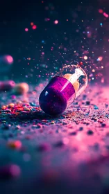 Iridescent capsule exploding amid neon micro particles.