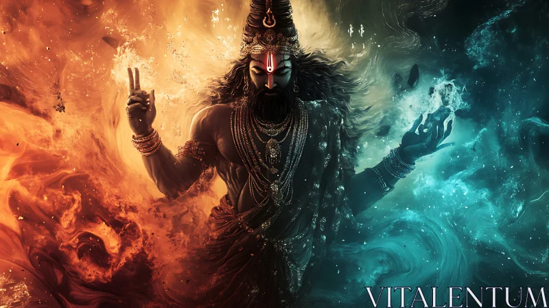 Fire-and-ocean deity poised in roaring cosmic balance.