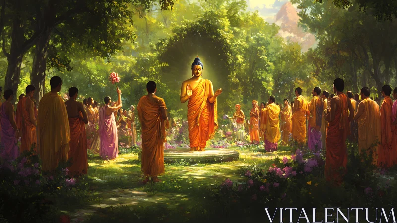 Gentle gathering around a radiant Buddha in forest light.