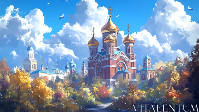 Russian-style cathedral with golden domes rises over autumn park