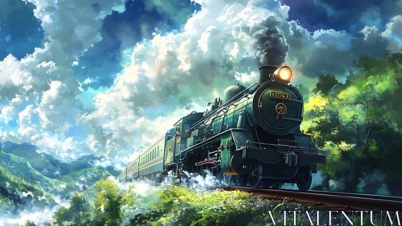 Emerald steam train chasing sunlit clouds across wild hills.