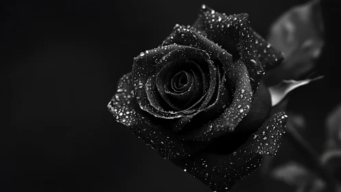 Monochrome close-up captures dewy black rose in sharp focus