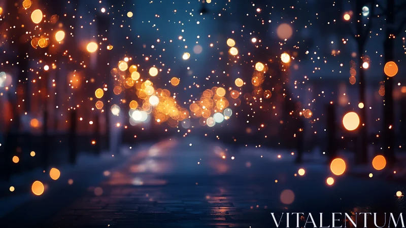 Winter city street with glowing bokeh lights at night.