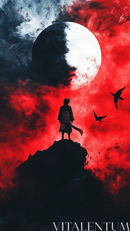 Lone anime figure confronts a blazing red eclipse sky.