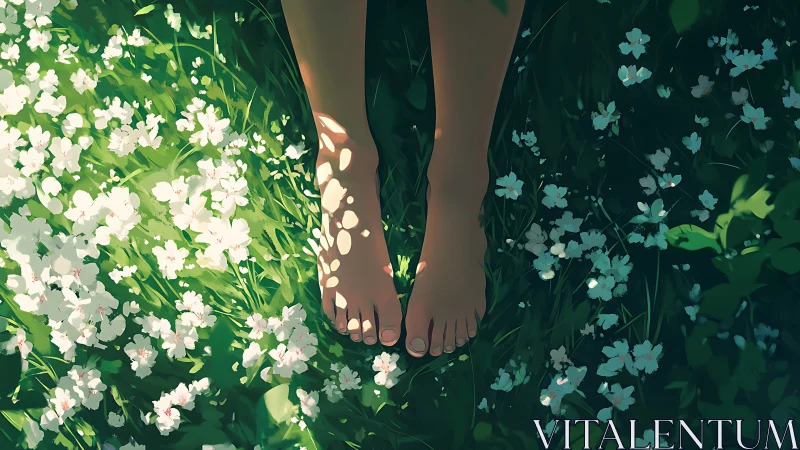 Sunlit bare feet in floral grass under dappled illumination.