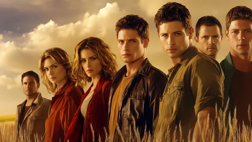 Group of people standing in wheat field under cloudy sky.