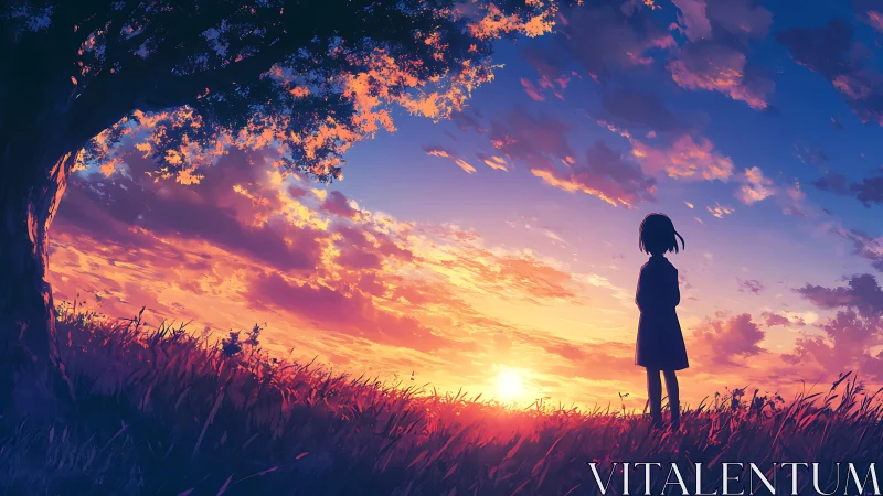 Sunset watcher beneath a dreaming tree on emberlit plains.