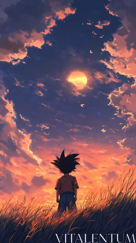 Backlit child studies dramatic sunset sky with volumetric clouds