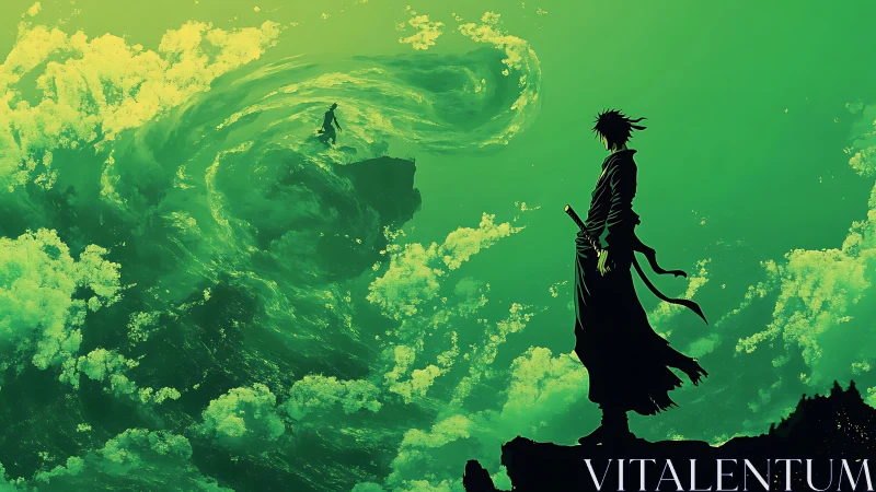 Samurai silhouette confronting distant figure over swirling void.