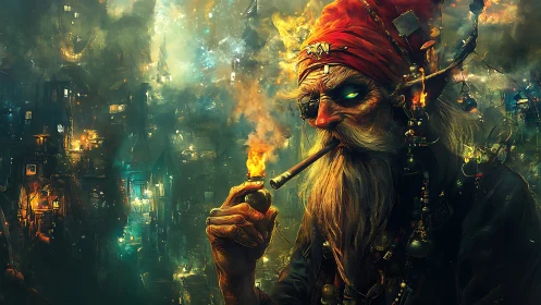 Mystic gutter pirate lights the night with embered calm.