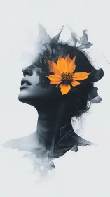 Monochrome female profile with high-saturation floral interface.