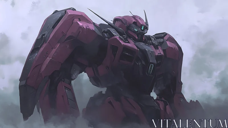 Armored magenta mecha in fog, cinematic digital painting study.