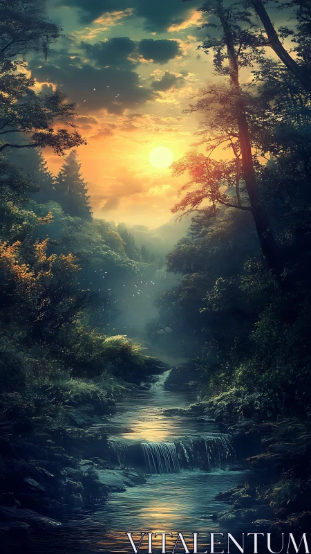 Golden sunset spills over a tranquil forest river gorge