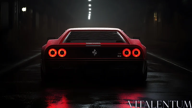 Red sports car glowing softly on a rain soaked night street.