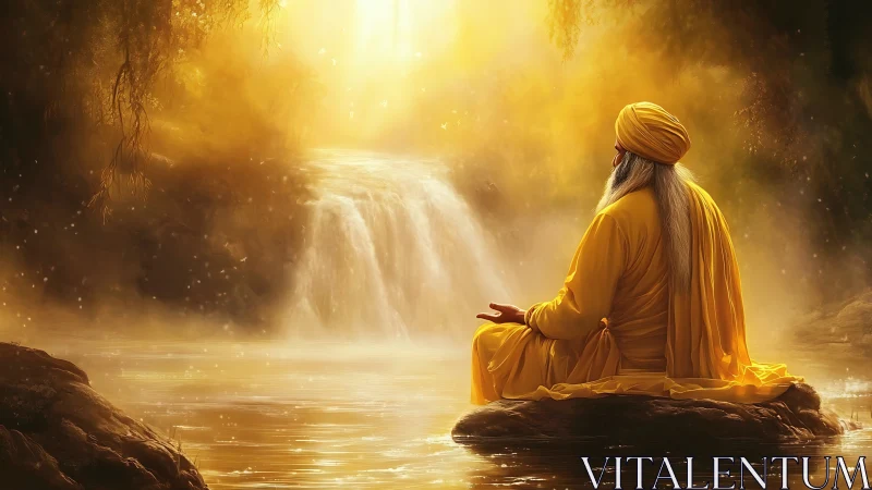 Golden-robed sage quietly negotiates light with the waterfall
