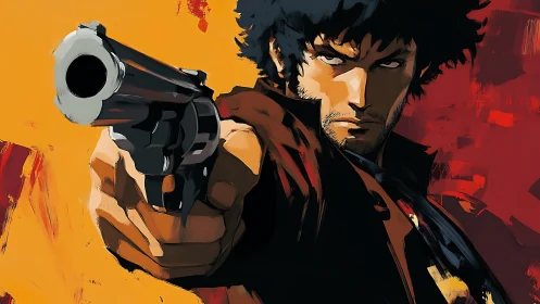 Gunman aims forward against bold orange red backdrop.