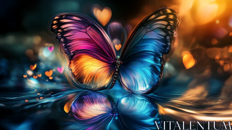 Vibrant bicolor butterfly over reflective water surface.