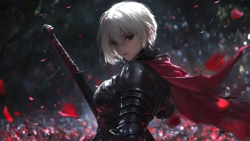 Silver haired armored swordswoman in red scarf outdoors.