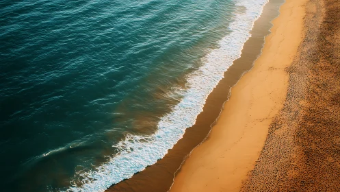 Golden shoreline and teal waves in gentle seaside rhythm.