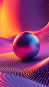 Iridescent sphere rests on neon gradient wave surface