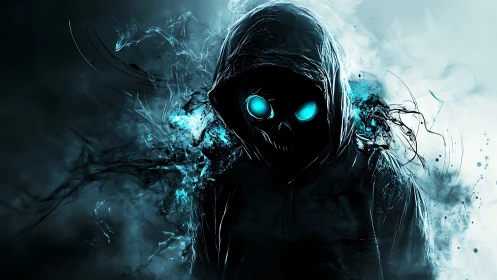 Hooded spectral figure with neon cyan eyes in eruptive haze