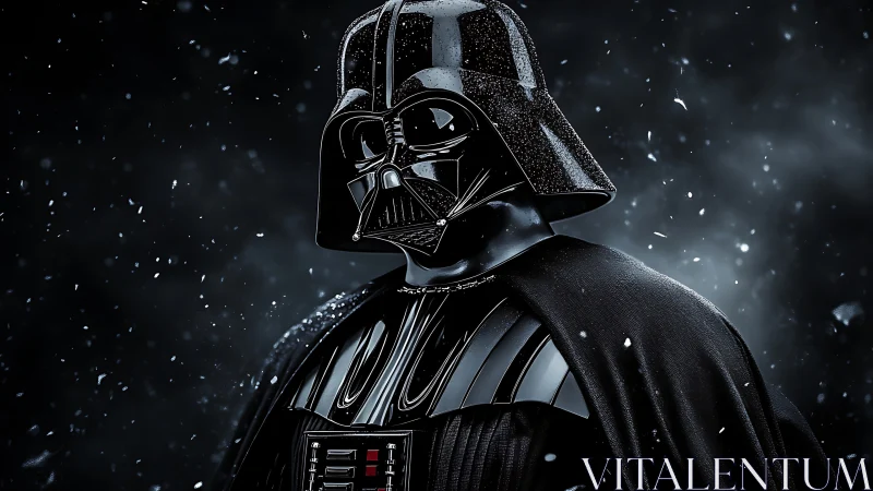 Dark armored figure stands in swirling galactic snowfall