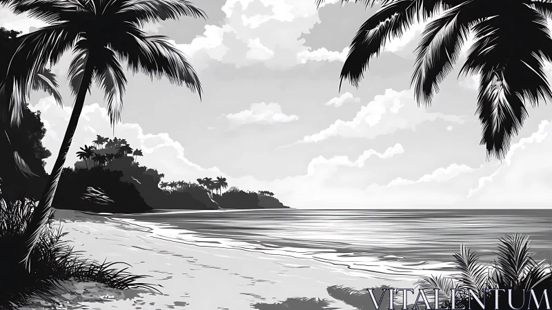 Tropical Beach Paradise with Palm Trees and Calm Waters.