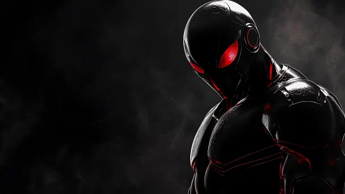 Midnight cyber sentinel leans from the smoke and glows red