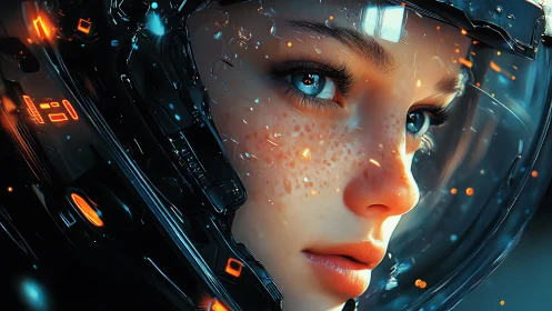 Freckled young astronaut in reflective sci fi helmet.