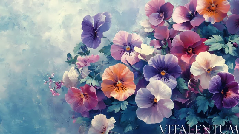 Sky-kissed pansies drifting in a watercolor daydream.