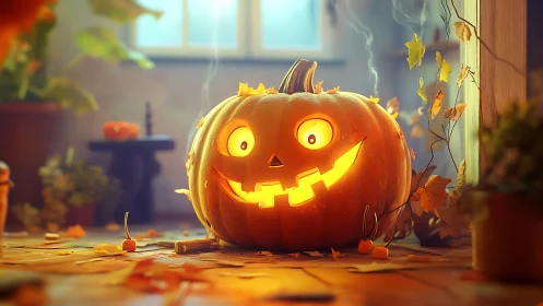 Whimsical jack-o&rsquo;-lantern interior scene, digital lighting study.