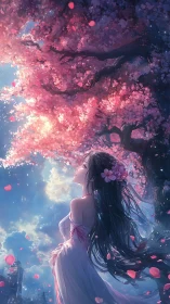 Anime sakura portrait under luminous twilight canopy.