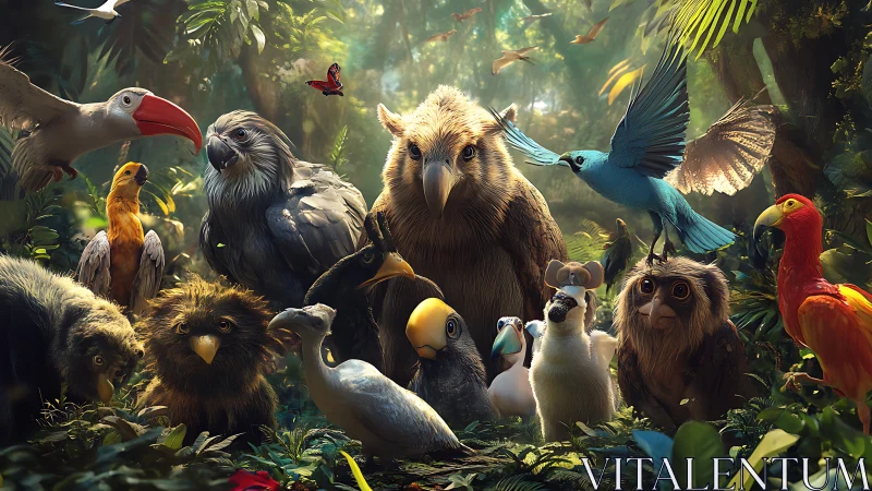 Fantasy jungle scene with whimsical, colorful birds and animals.