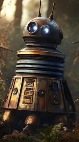 Curious forest robot friend glowing softly in warm light.