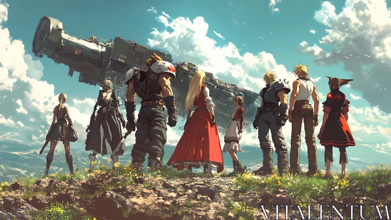 Epic anime heroes confront colossal starship in open sky.