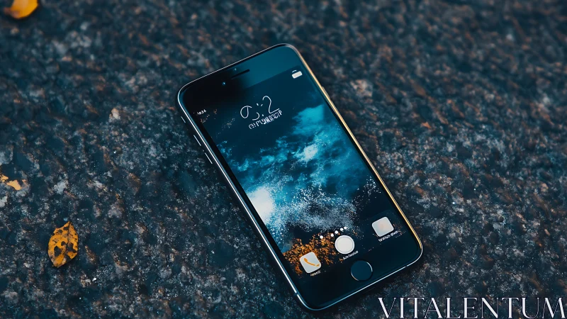 Smartphone Displaying Ocean Serenity Among Autumn Leaves.