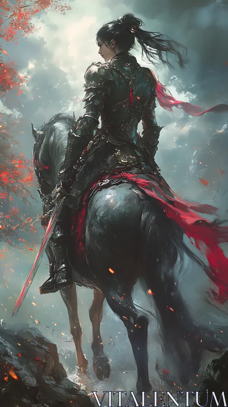 Stormlit warrior on horseback rides toward an uncertain dawn