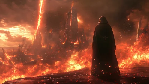 Cloaked warlord surveying a molten cathedral of fire.