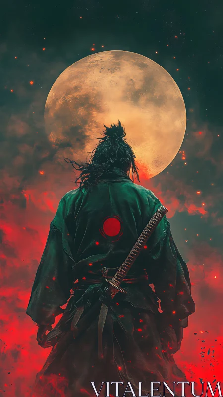 Lone samurai silhouette under blood moon with ember haze.